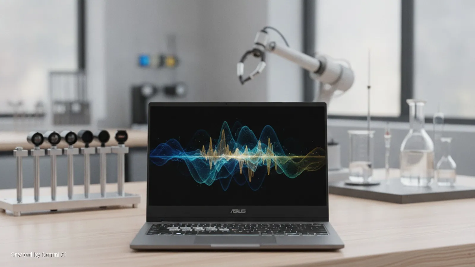 An ASUS laptop displaying a blue and yellow sound wave visualization rests on a wooden desk in a brightly lit laboratory, surrounded by scientific glassware, a robotic arm, and other equipment.