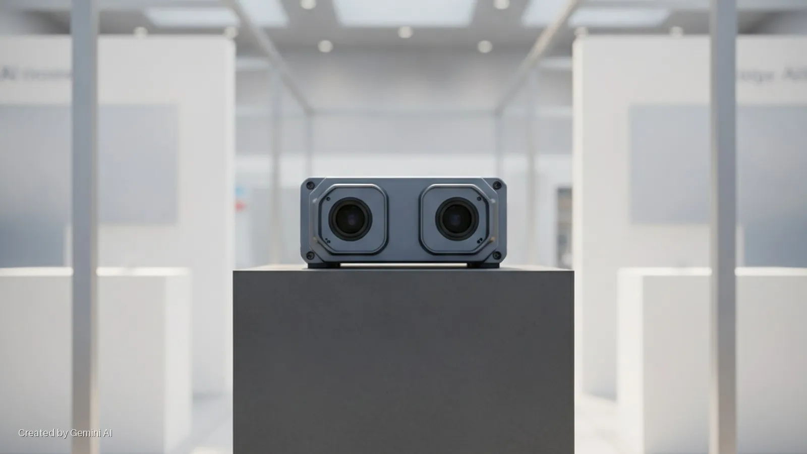 A rectangular grey device with two prominent lenses rests on a grey pedestal in a brightly lit, modern exhibition space featuring white walls and glass display cases.