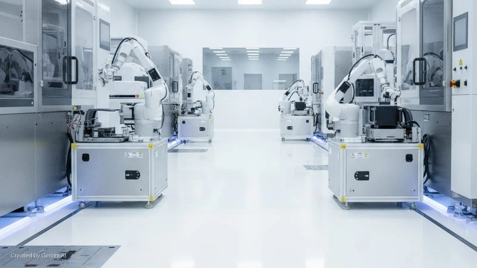 Robotic arms on wheeled carts operate next to large manufacturing machinery in a brightly lit, pristine cleanroom with white walls, a reflective floor, and a horizontal viewing window.