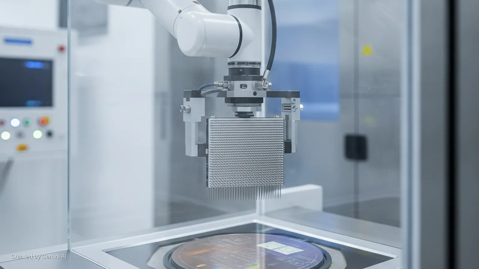 A white robotic arm holds a square probe card with numerous pins, positioned above a silicon wafer inside a clear protective enclosure, with a control panel visible on the left, in a brightly lit cleanroom.
