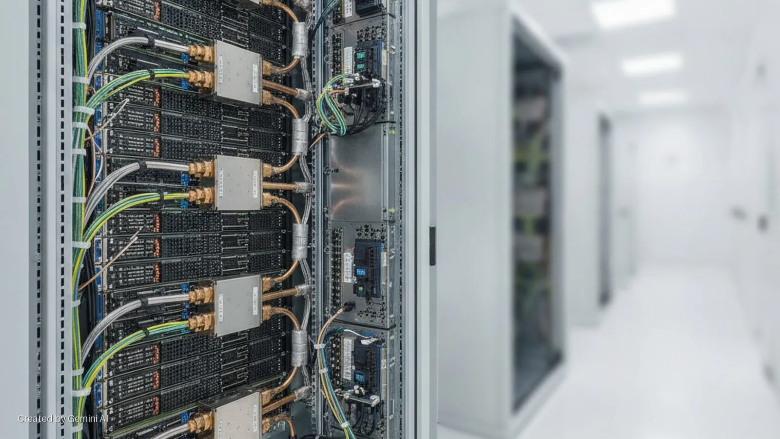 An open server rack in a brightly lit data center showcases multiple liquid-cooled server units with copper tubing and neatly bundled data cables.