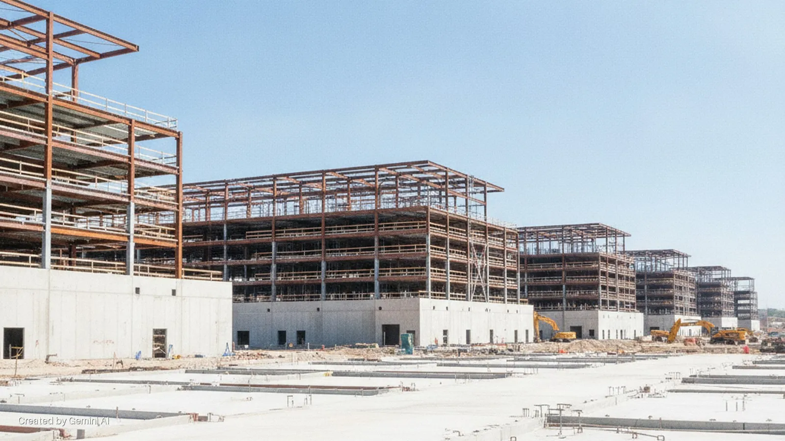 A large construction site features multiple multi-story buildings with concrete lower levels and exposed steel frames, surrounded by concrete foundations and excavators under a clear blue sky.