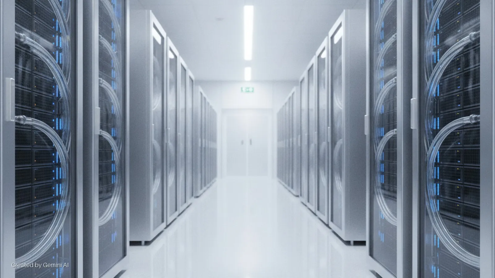 A long, brightly lit data center hallway is lined with rows of server racks, displaying glowing blue lights and clear data cables, leading to a distant set of white doors and an exit sign under overhead fluorescent lights.