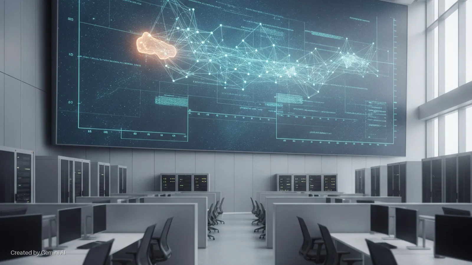 Brightly lit control room with rows of empty computer workstations, server racks, and a large screen displaying a glowing network graph and data visualizations, with natural light entering from windows.