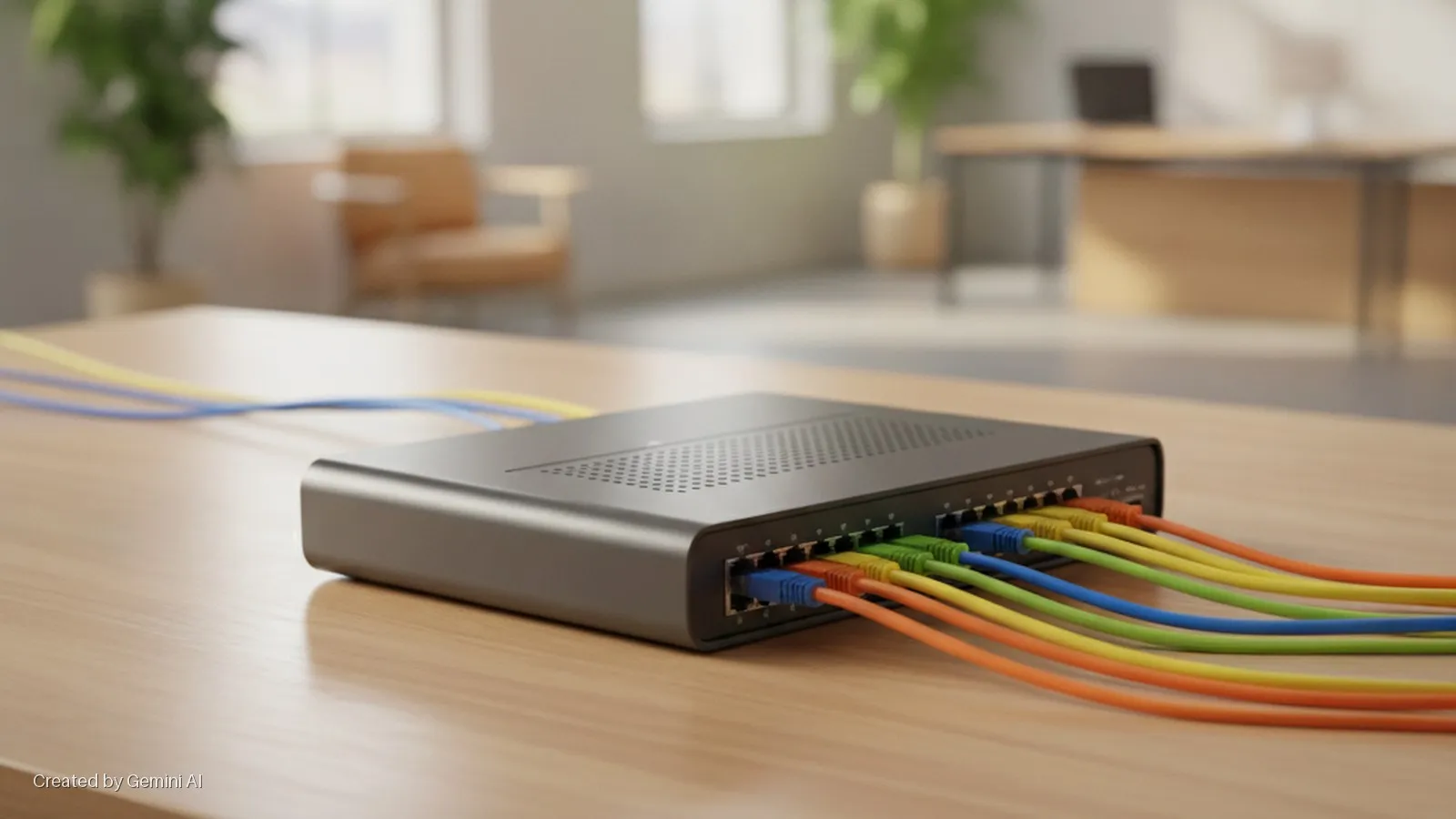 A dark gray network switch with multiple colorful Ethernet cables plugged into its front ports rests on a light wooden table, with a blurred, sunlit office room in the background.