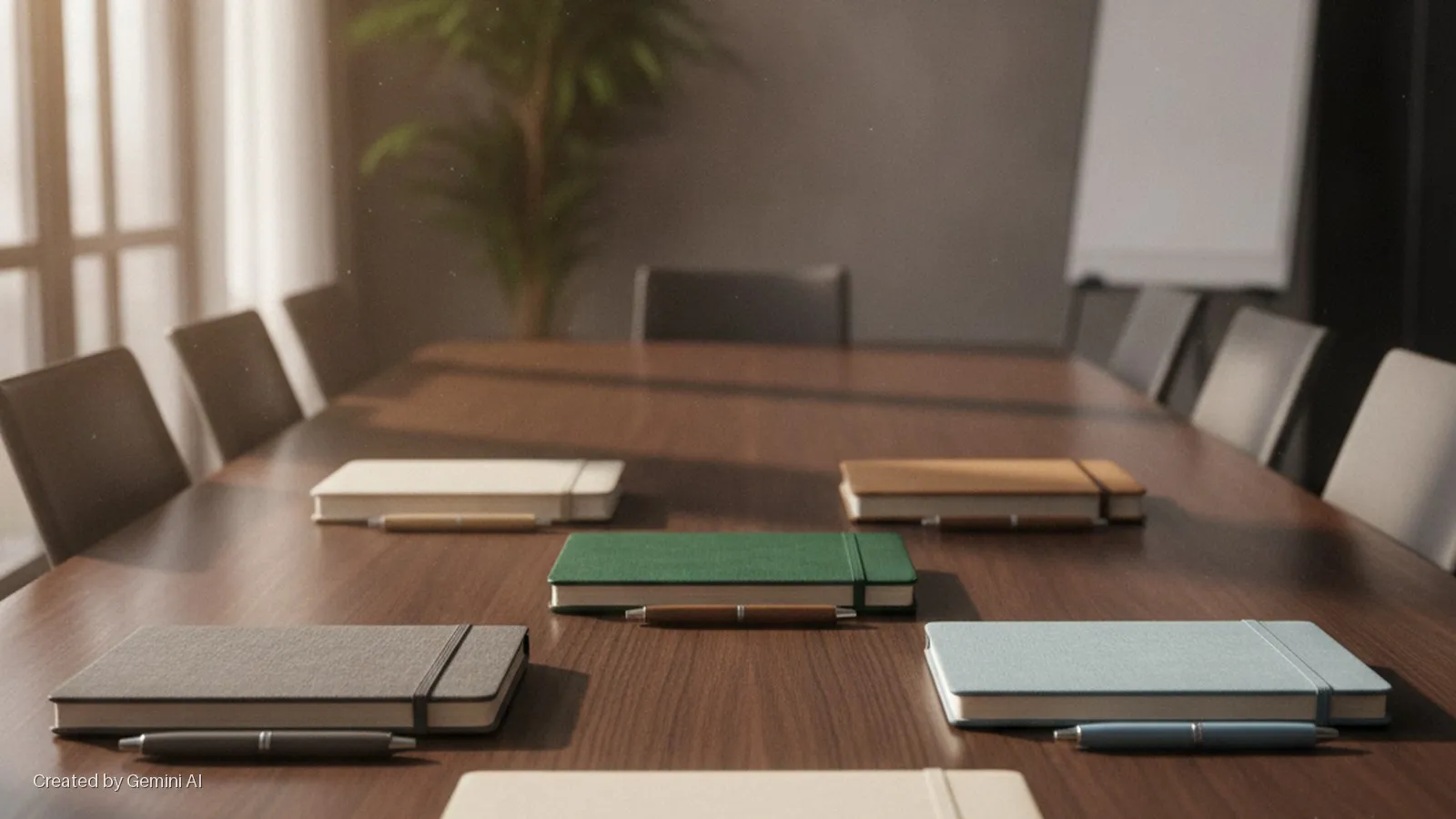A modern conference room with a long wooden table set with multiple colorful notebooks and pens, surrounded by chairs, and featuring a potted plant and a whiteboard in the background, all bathed in soft natural light.