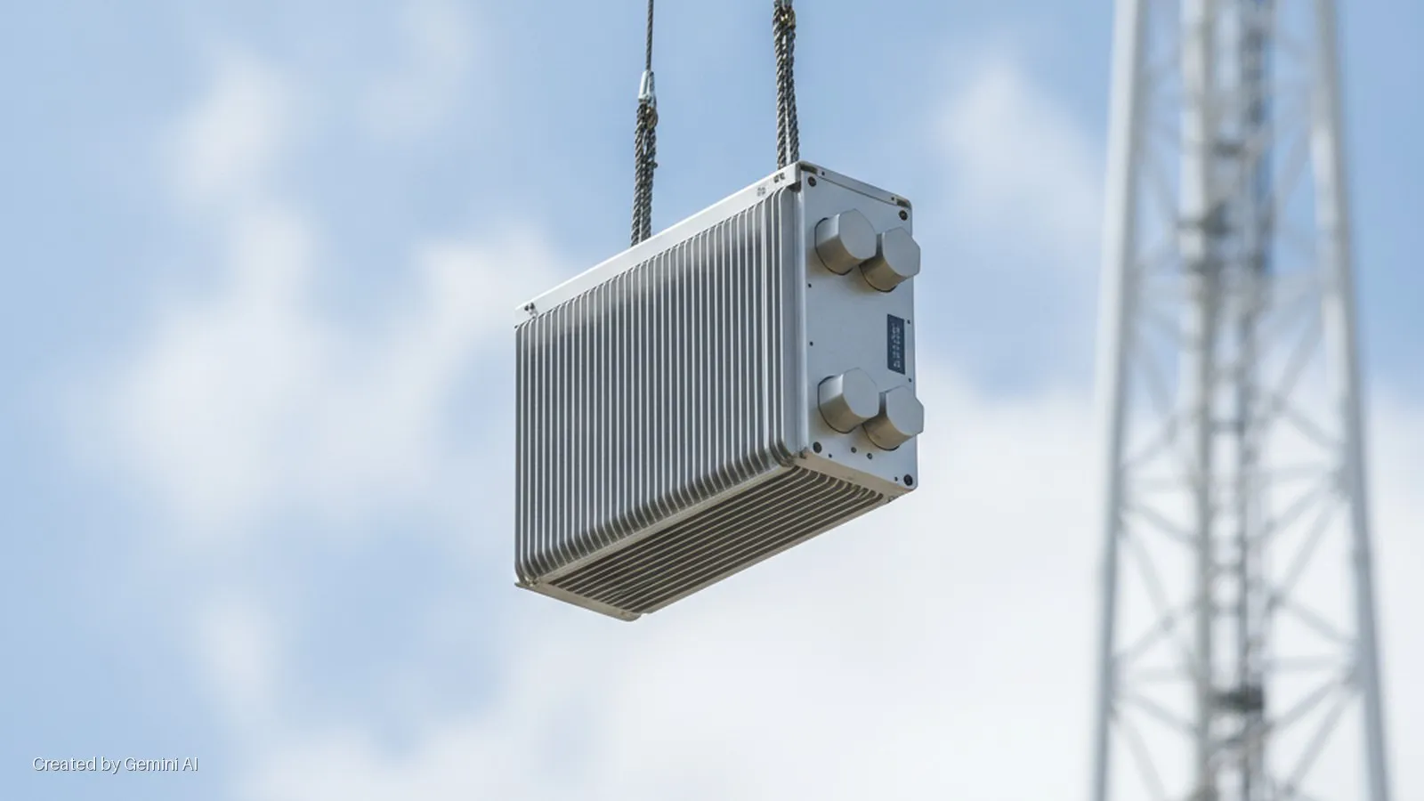 A large silver telecommunications unit with heat fins is suspended by two metal chains against a bright cloudy sky, with a blurred communications tower in the background.
