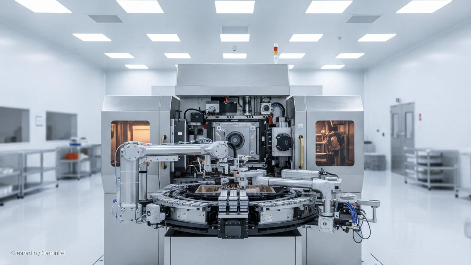 A large, silver industrial machine with robotic arms and a circular processing unit occupies a brightly lit, white cleanroom.