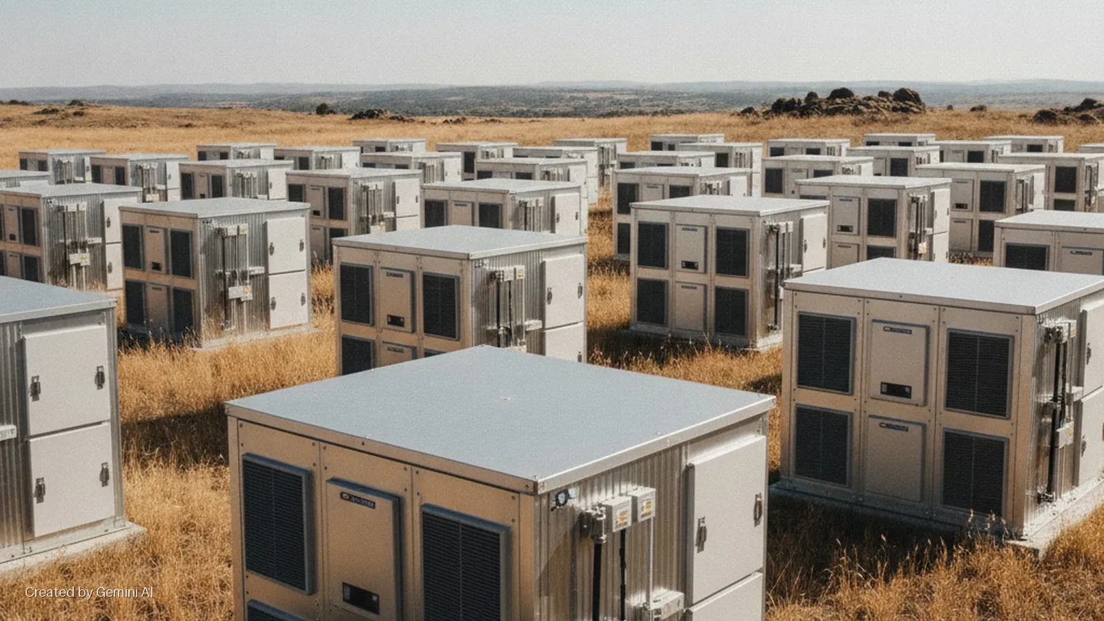Dozens of large, silver industrial cabinets are arrayed across a sprawling, dry golden grass field under bright natural daylight, with distant hills on the horizon.