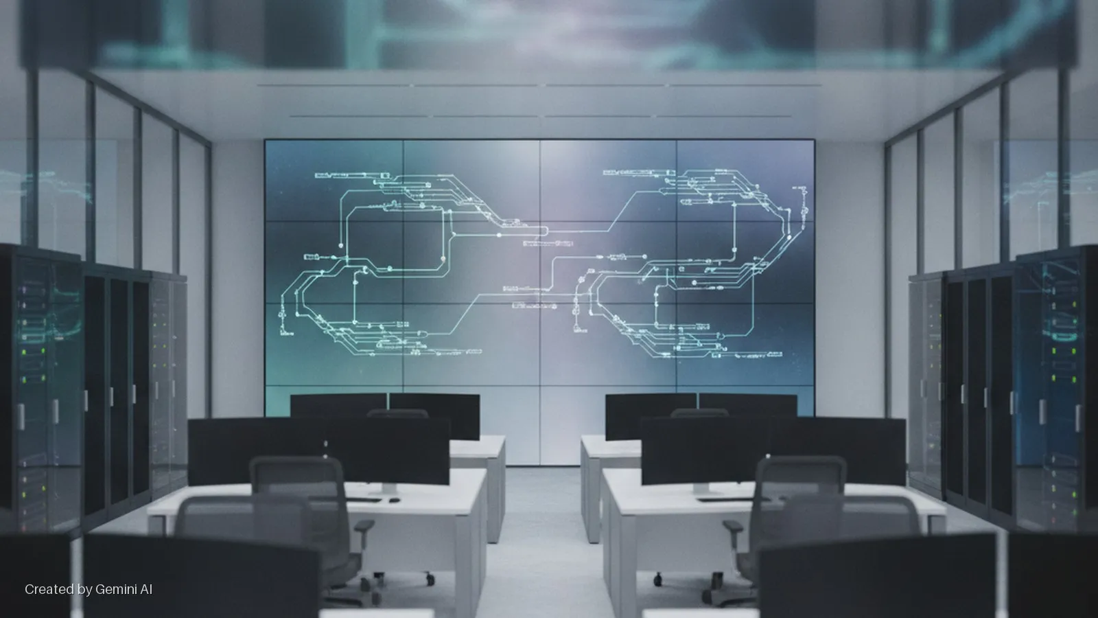 A modern network operations center features rows of server racks, multiple computer workstations, and a prominent video wall displaying a complex circuit diagram, all under cool, ambient lighting.