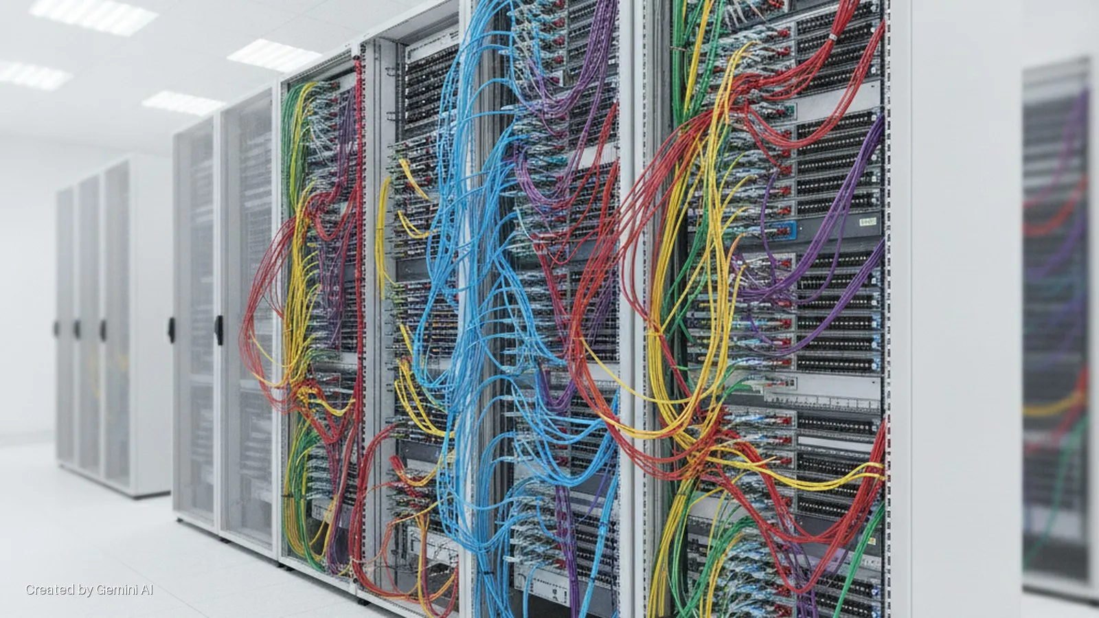 Rows of server racks in a brightly lit data center, with the front of several racks open to reveal network equipment and a colorful array of blue, red, yellow, green, and purple cables.
