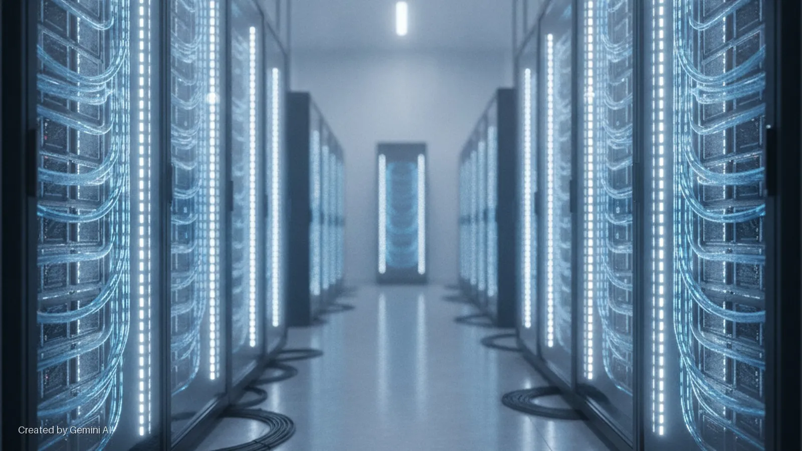 A symmetrical data center aisle is lined with rows of server racks featuring bright blue vertical lights and visible cabling, illuminated by overhead lighting and extending to a distant brightly lit rack.