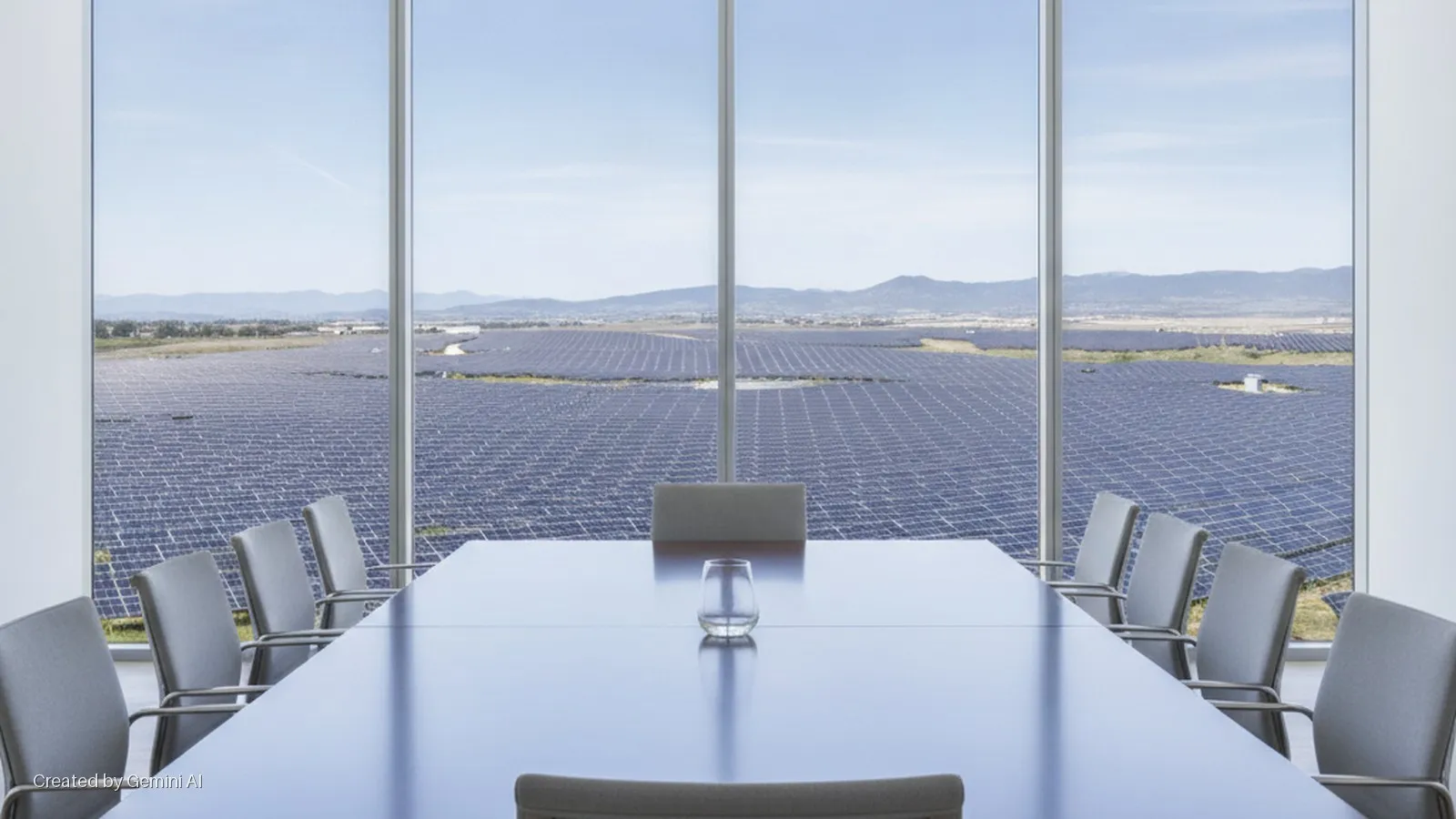 An empty conference room with a long table, chairs, and a glass overlooks a vast solar farm under bright daylight, with mountains visible in the distance.