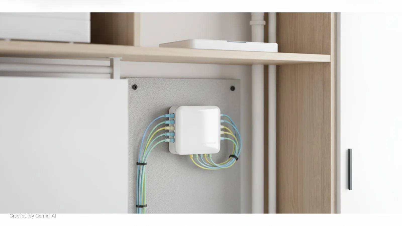 A brightly lit white square networking hub with bundled blue, yellow, and teal fiber optic cables is mounted on a textured grey panel inside a light wood cabinet, with a wooden shelf holding white electronic devices above.