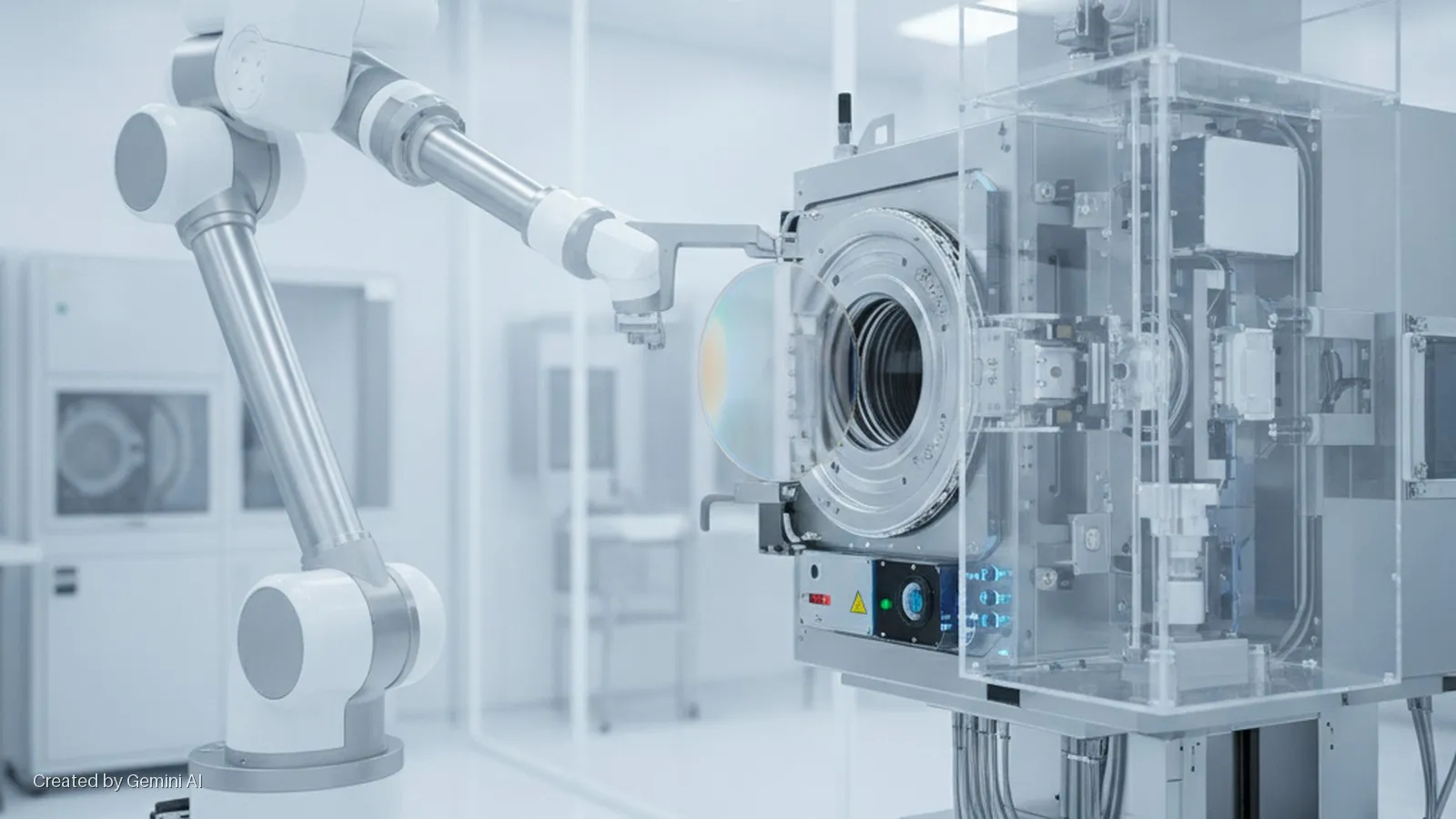 A robotic arm inserts a semiconductor wafer into a transparent-paneled processing machine within a brightly lit cleanroom.