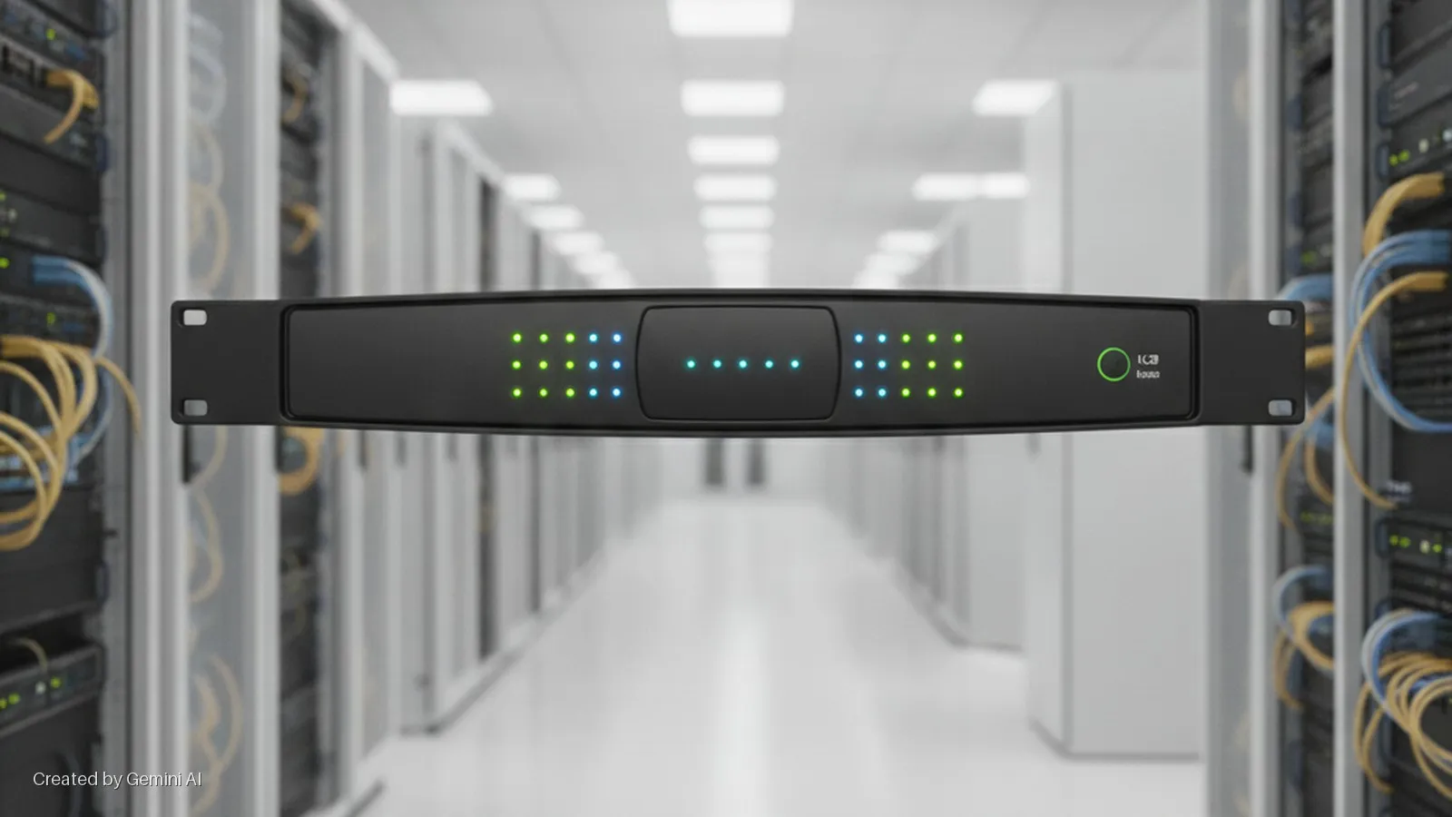 A black rack-mounted server unit with green and blue indicator lights is positioned in the foreground of a brightly lit data center aisle lined with rows of server racks.