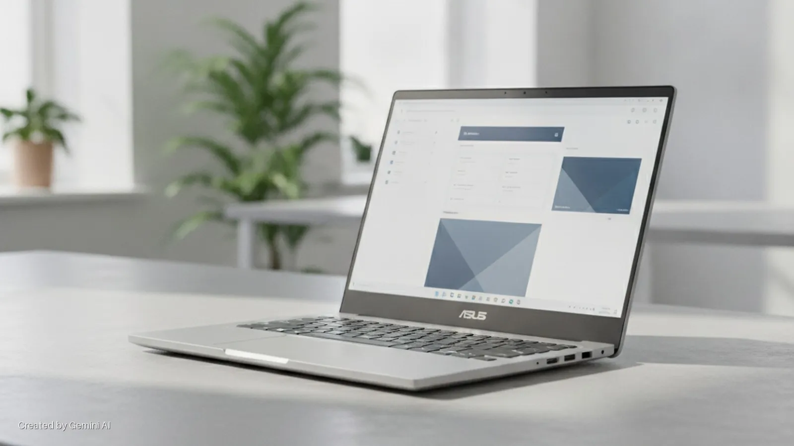 A silver ASUS laptop displaying a white and blue dashboard interface sits on a light gray desk in a brightly lit modern room with two potted plants in the background.