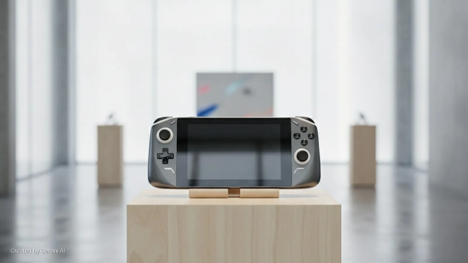 A gray handheld gaming console with a dark screen rests on a light wooden display stand in a brightly lit, minimalist room with blurred background elements.
