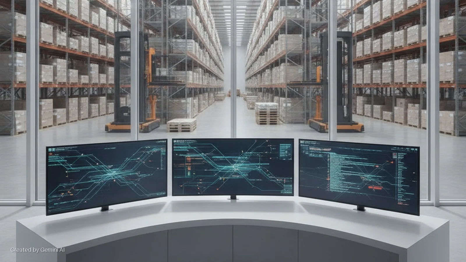 Three monitors displaying data visualizations are on a curved white desk in a control room overlooking a brightly lit warehouse filled with shelves of stacked boxes and two forklifts.