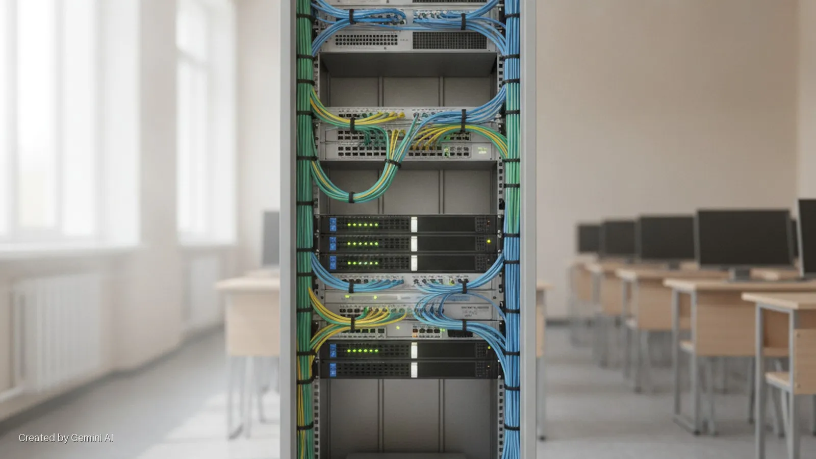 A neatly organized server rack with blue, yellow, and green ethernet cables connected to network switches and servers stands in a brightly lit computer lab with windows on the left and rows of computers on desks on the right.