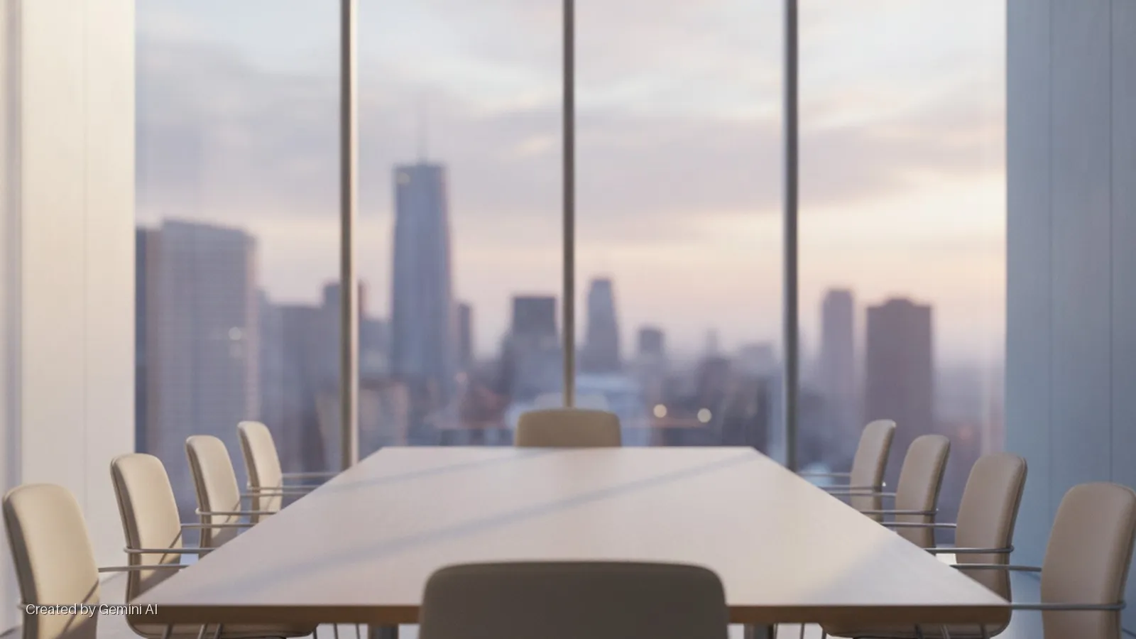 A modern conference room with a long table and cream-colored chairs, viewed from one end, overlooks a blurred city skyline through large windows at dawn or dusk.