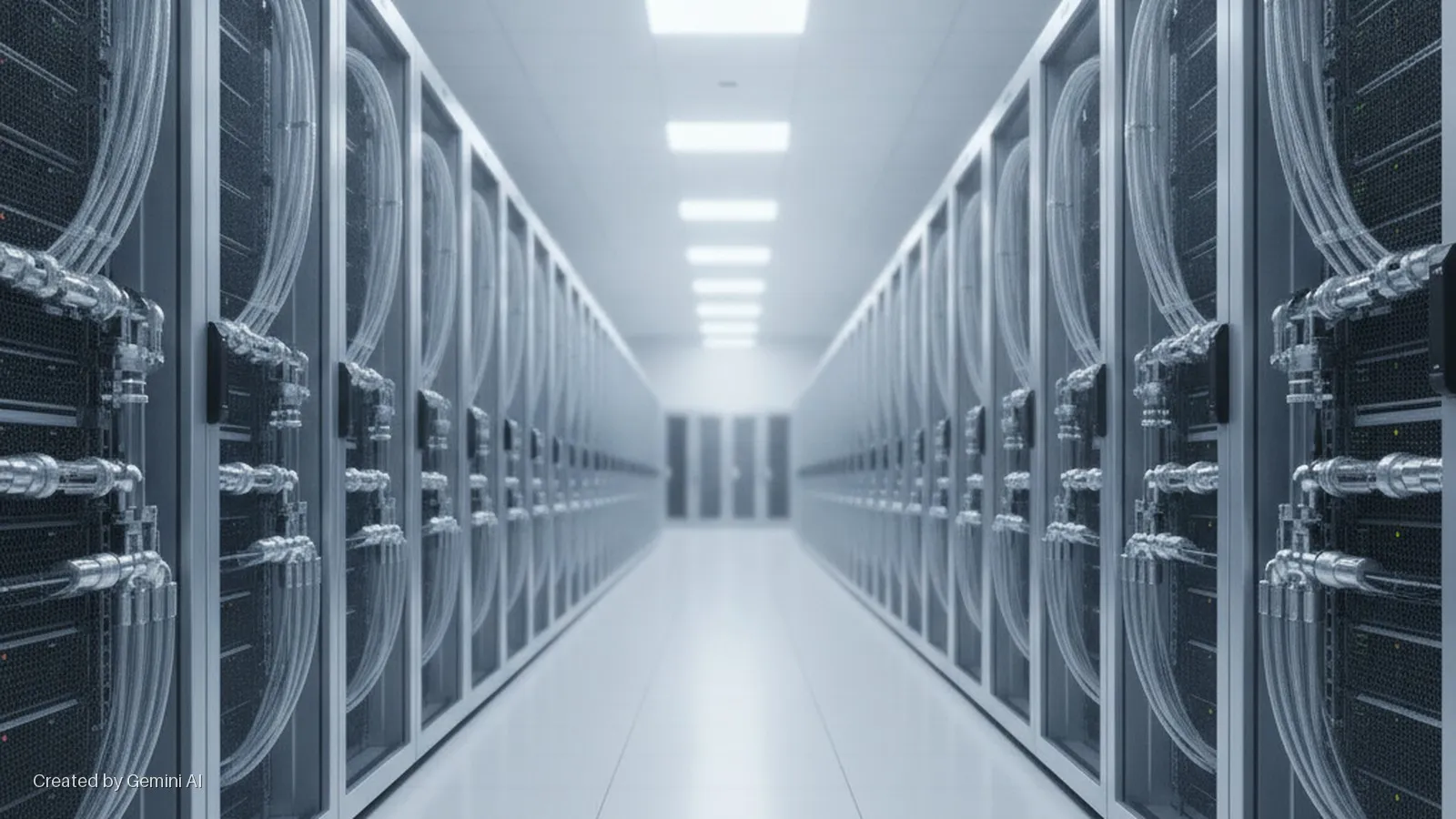 A bright data center aisle with rows of dark server racks on either side, featuring clear bundled cables connected by metallic fittings, leading to blurred doors at the far end under rectangular ceiling lights.