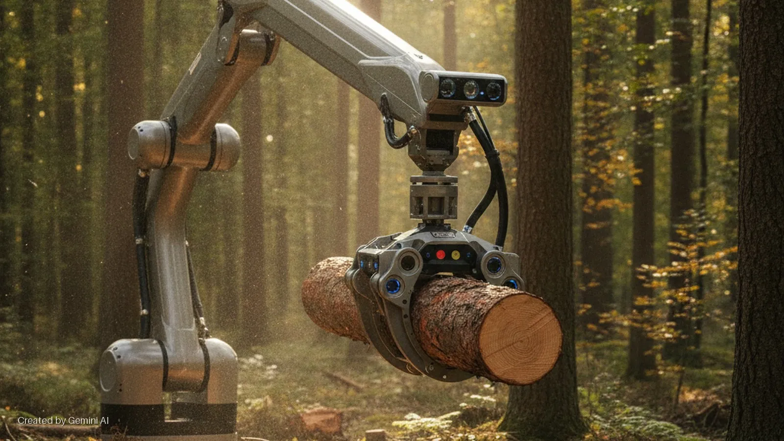A grey robotic arm with an advanced grapple holds two cut logs in a sun-dappled forest, where dust motes glow in the warm light.