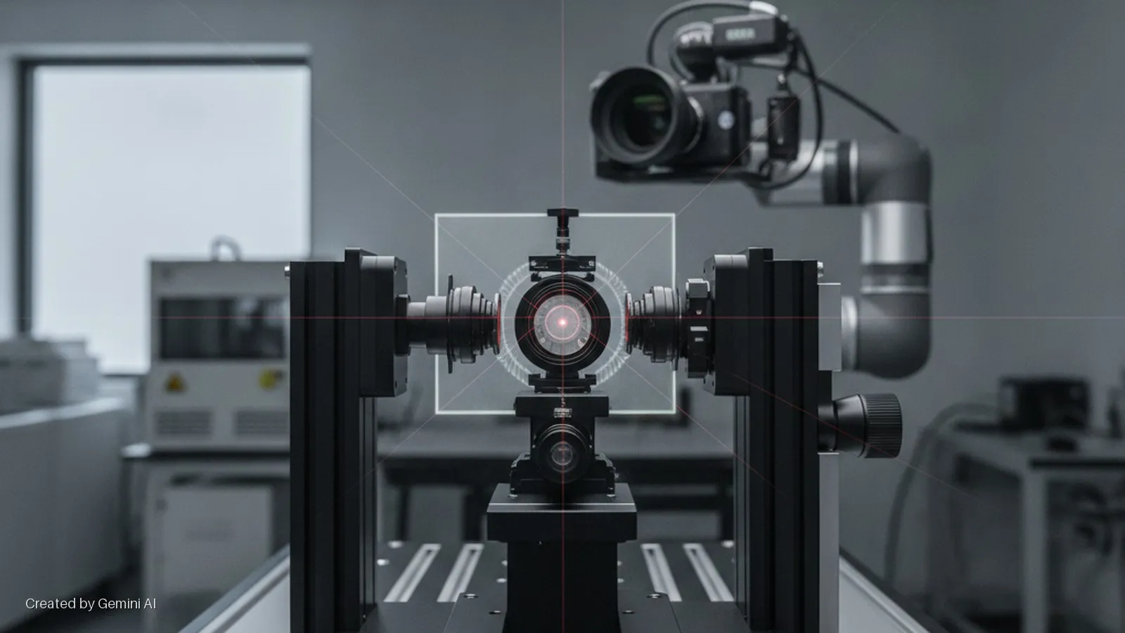 A monochromatic view of a scientific optical measurement setup, featuring a central red laser beam illuminating a lens assembly, observed by a camera on a robotic arm in a laboratory.