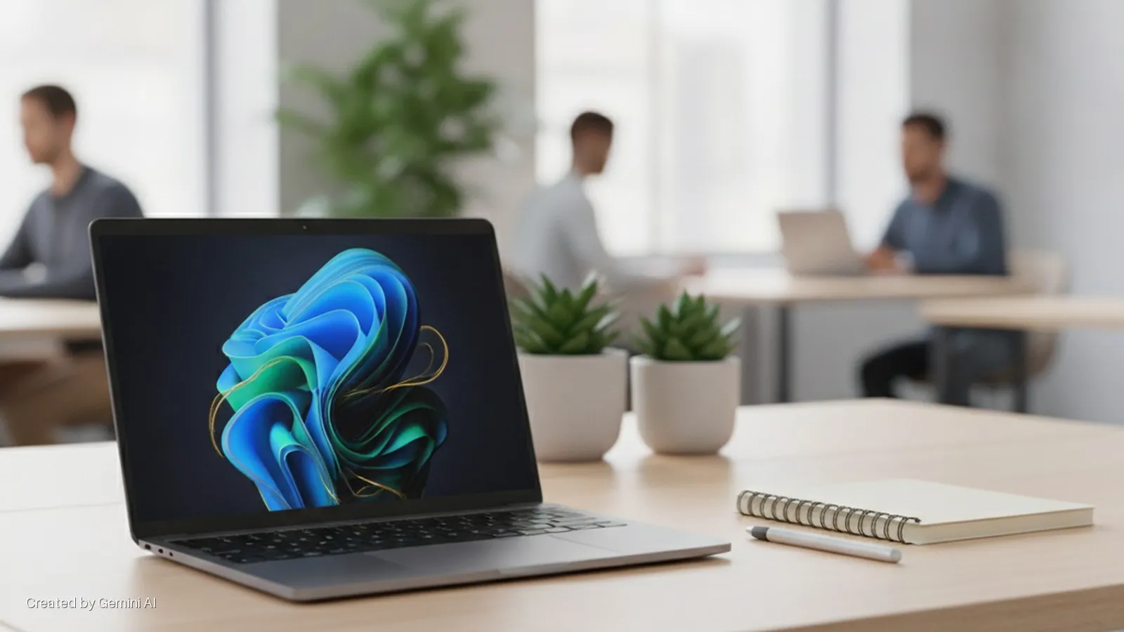 A silver laptop displaying a blue and green abstract wallpaper, a spiral-bound notebook, a pen, and two small potted plants sit on a light wooden desk in a brightly lit, modern office with blurred figures of people working in the background