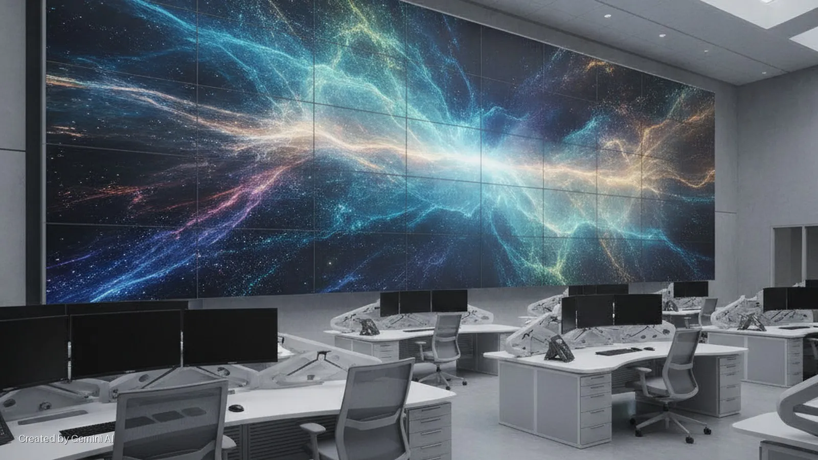 A brightly lit, modern control room features a large video wall displaying a vibrant nebula image, surrounded by multiple gray workstations equipped with computer monitors, keyboards, and office chairs.