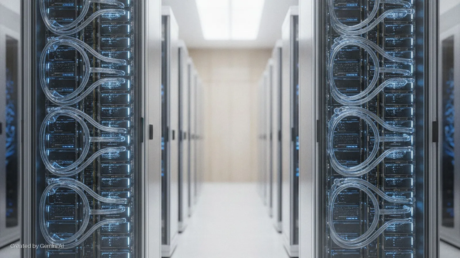 A long data center aisle showcases rows of server racks, with their front panels revealing clear looped tubes and blue glowing components, illuminated by bright overhead white lights.