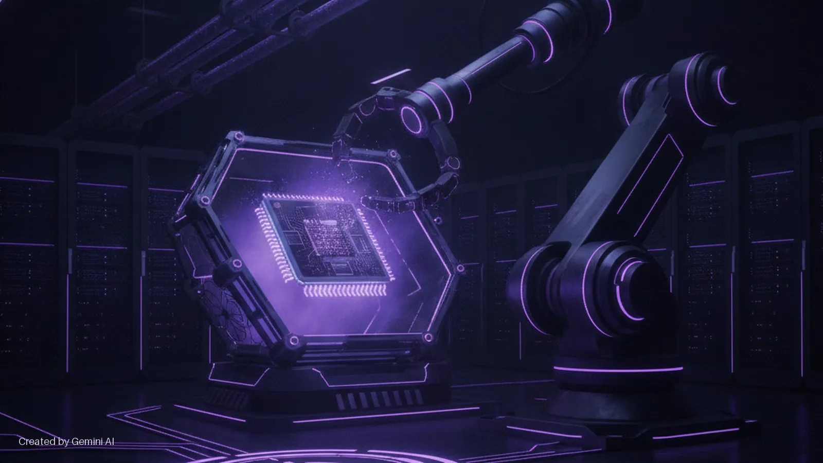 A robotic arm manipulates a glowing circuit board within a hexagonal display case, set in a dark data center lined with server racks and illuminated by purple neon lights.
