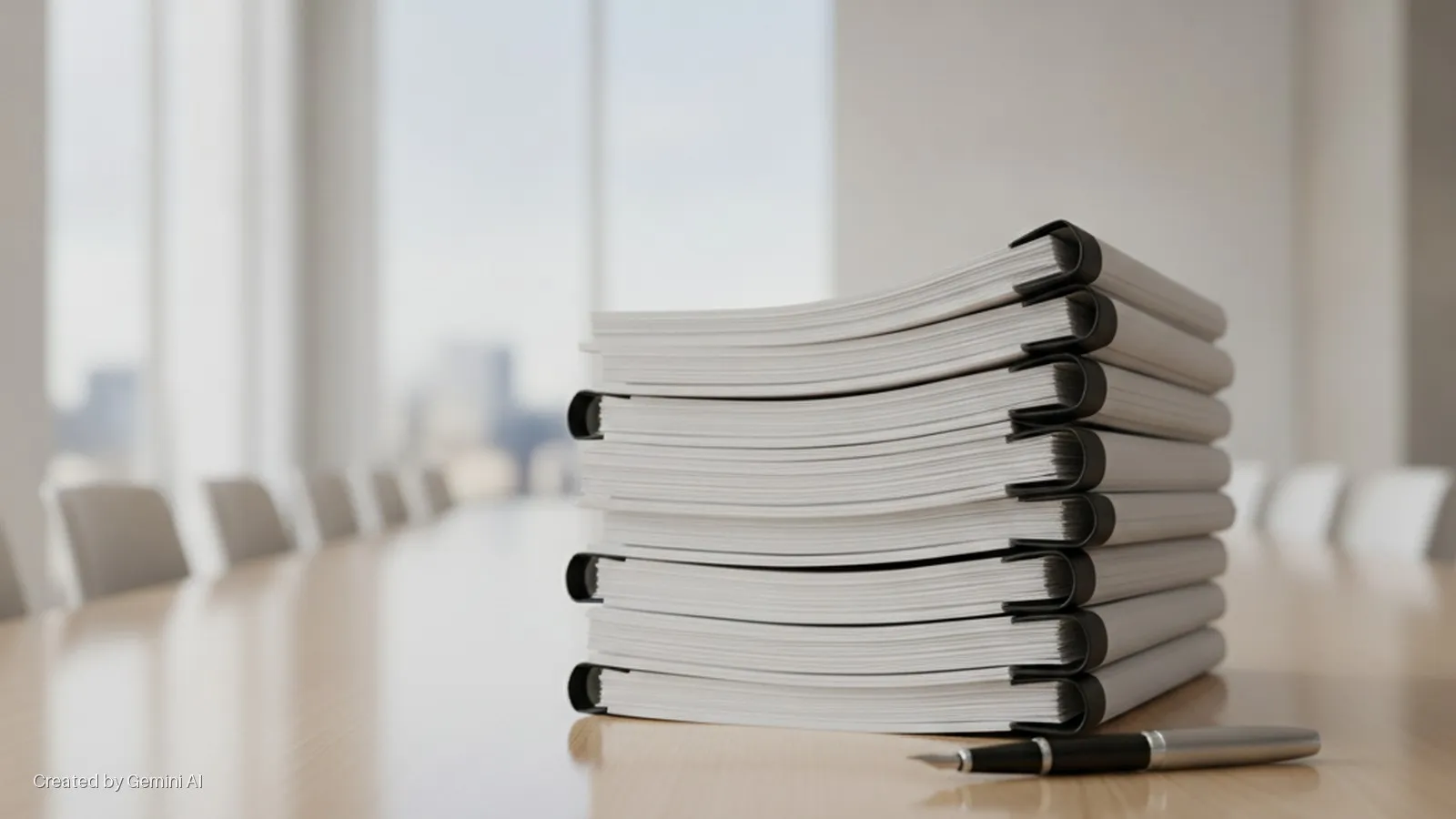 A stack of white bound reports with black spines and a silver pen rest on a wooden conference table in a brightly lit room with blurred chairs and large windows overlooking a city.
