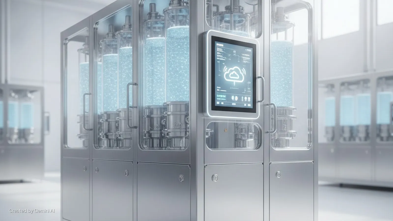 Brightly lit advanced stainless steel and glass machinery in a laboratory or factory, featuring multiple tall transparent tanks filled with bubbling blue liquid and a central digital screen displaying data and a cloud icon.
