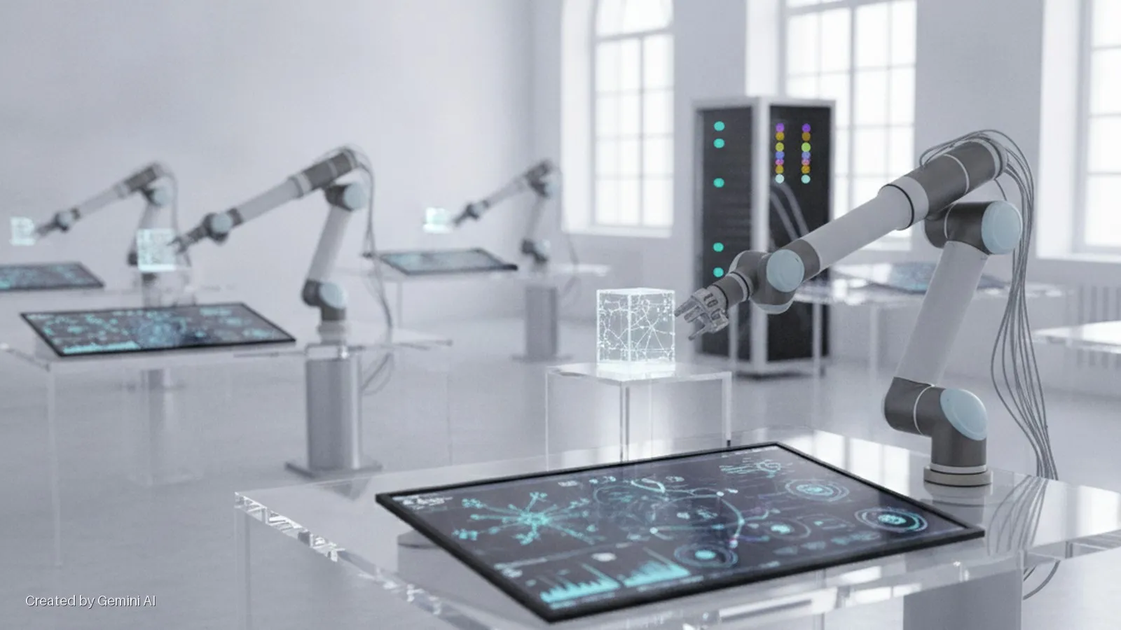 Multiple robotic arms manipulate glowing cubes and tablets displaying blue digital interfaces on clear tables, within a brightly lit modern lab featuring server racks and large windows.