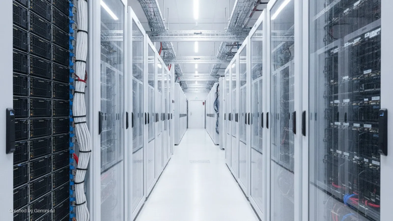 A long, brightly lit data center aisle features rows of white server racks housing dark IT equipment, organized network cables, and overhead cable trays.