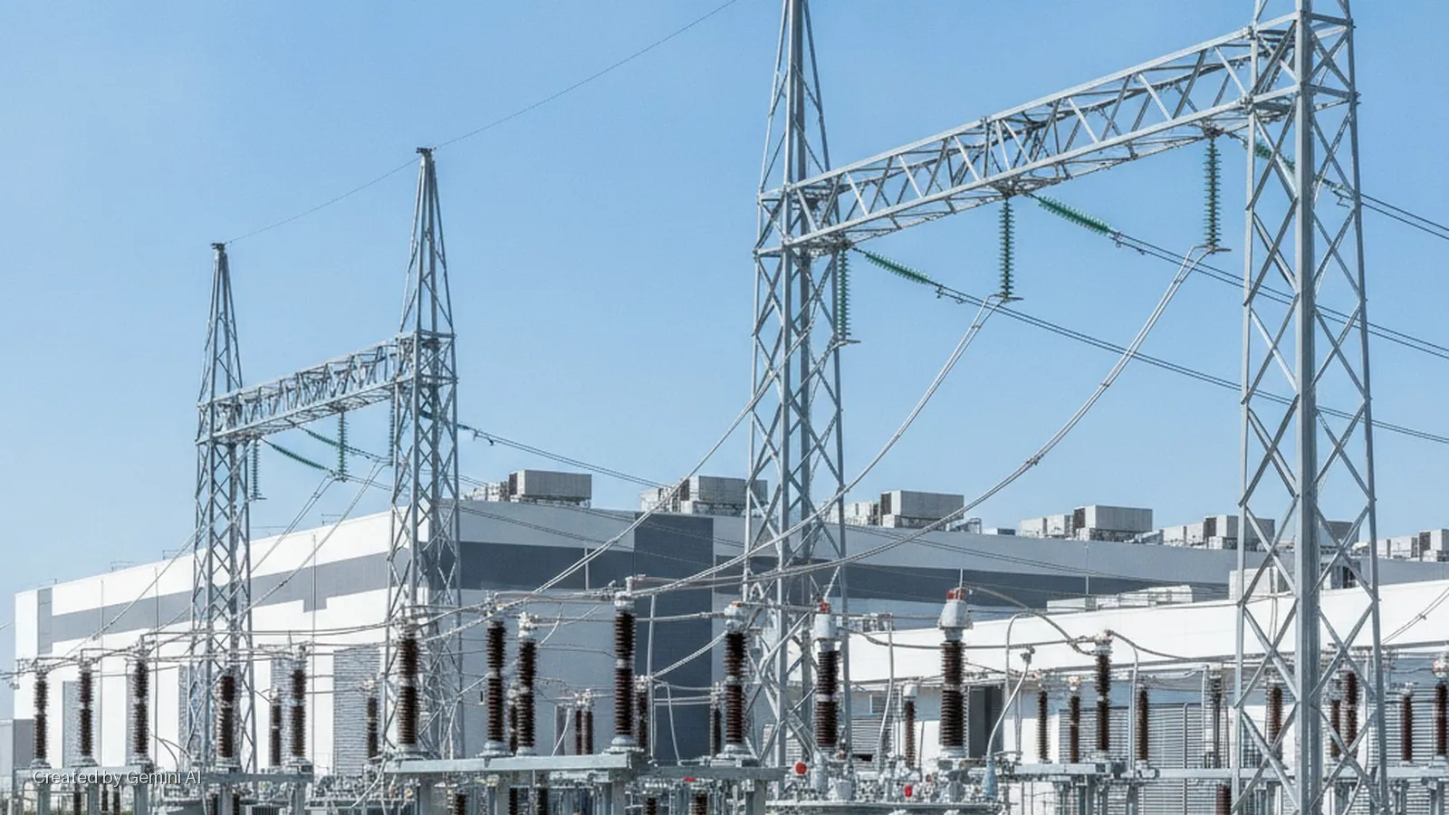 An outdoor electrical substation with multiple metal transmission towers, power lines, and high-voltage equipment stands before a large industrial building under a bright blue sky.