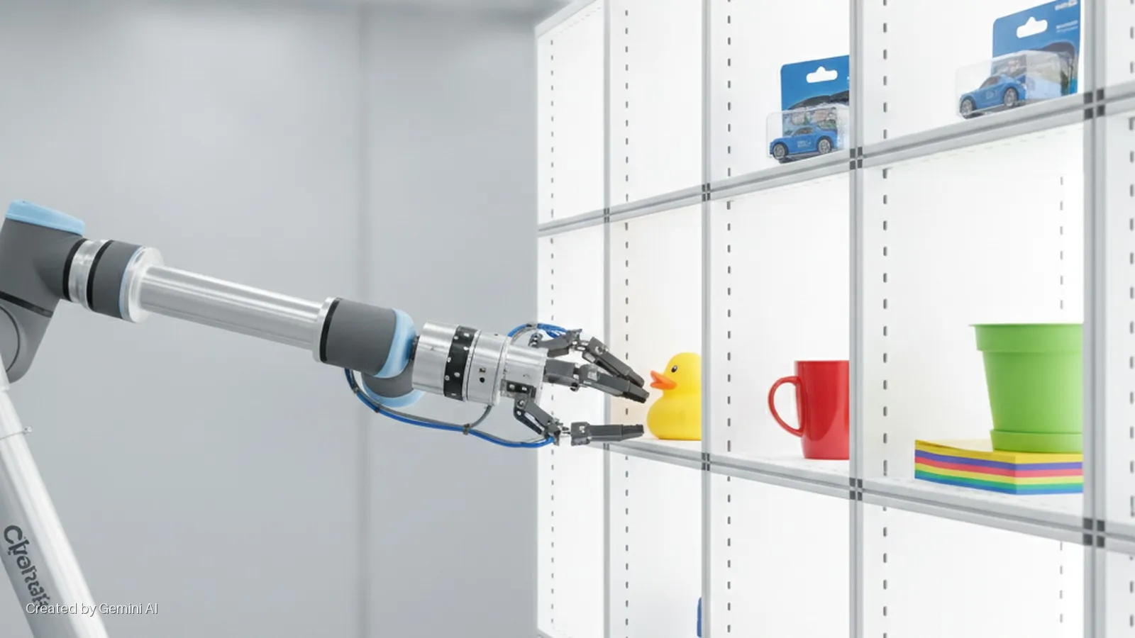 A robotic arm extends a gripper towards a yellow rubber duck on a brightly lit white modular shelving unit also displaying a red mug, a green pot, colorful sticky notes, and two packaged blue toy cars.