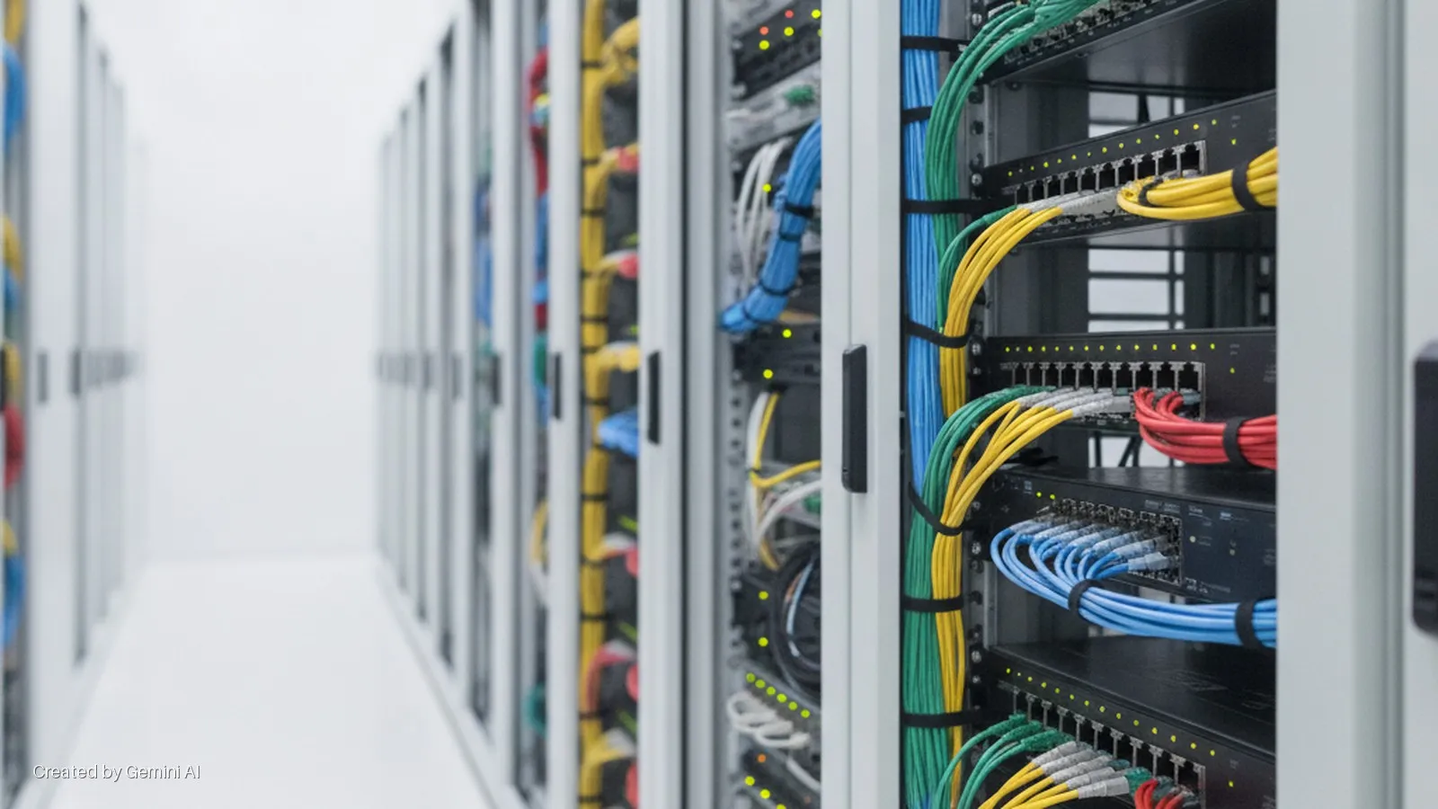 A bright, well-lit data center aisle features rows of server racks with neatly bundled colorful ethernet cables connected to network switches displaying illuminated indicator lights.