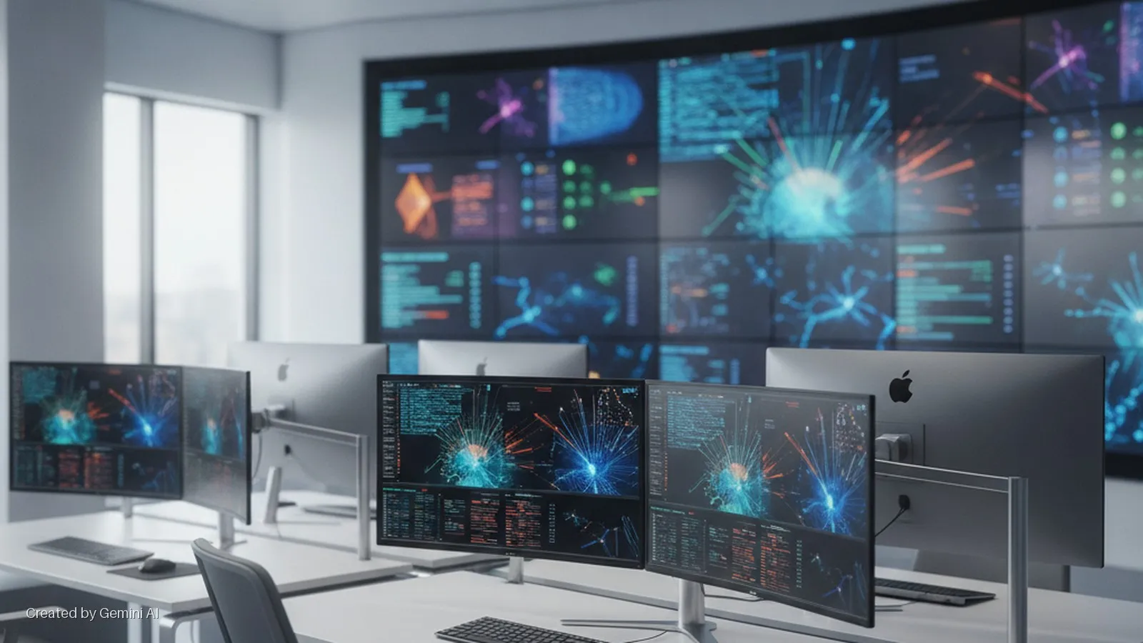 A bright, modern data analysis office features rows of white desks, office chairs, and multiple computer monitors, including Apple displays, showing complex blue and orange data visualizations, with a large grid of wall-mounted screens in t