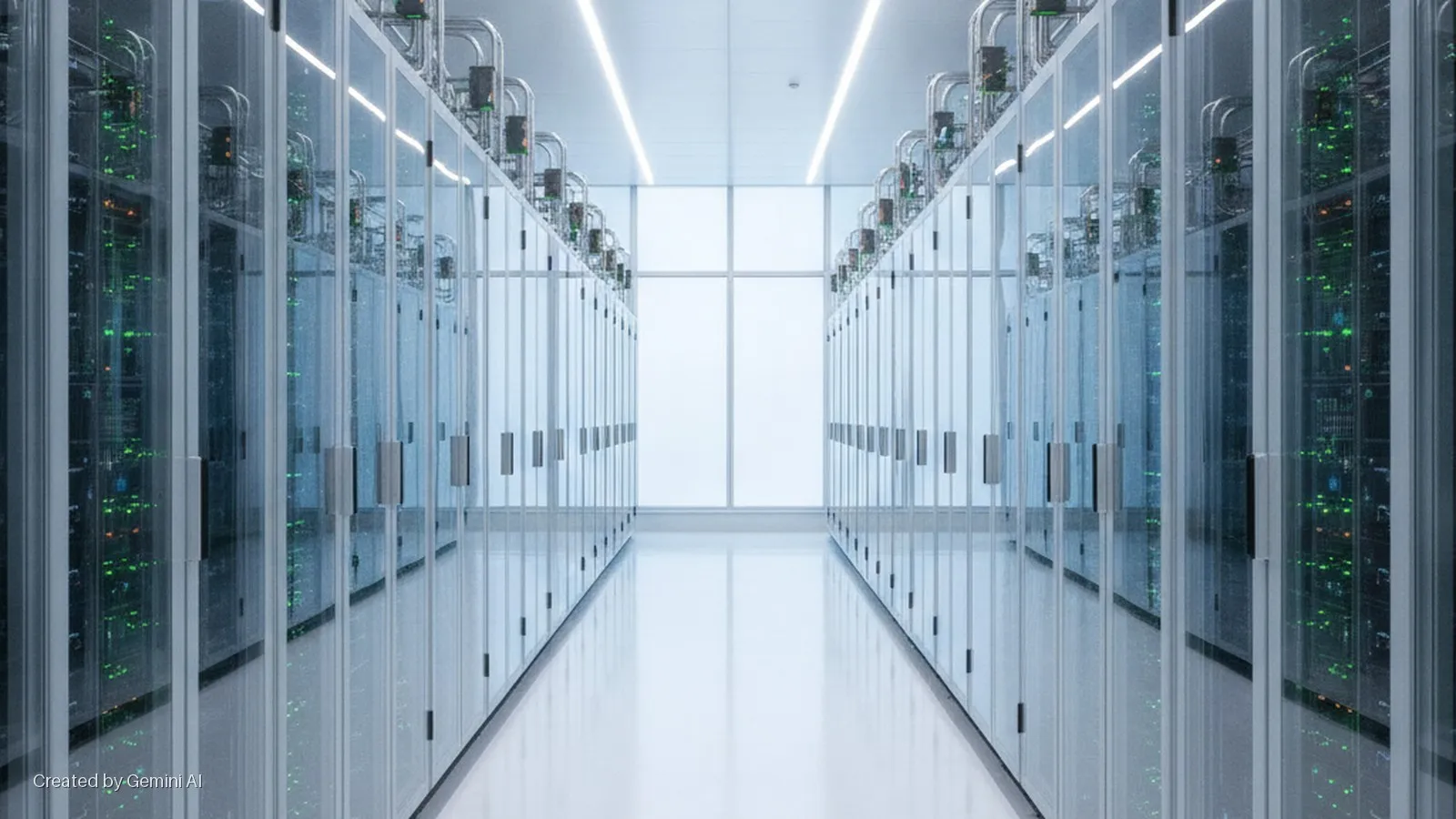 A brightly lit, clean data center aisle is lined with tall glass-doored server racks displaying green indicator lights, leading towards a large window at the far end.
