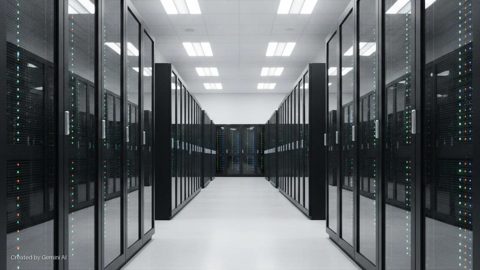 A brightly lit data center aisle features two long rows of black server racks with glass doors displaying colorful internal lights, under a white ceiling with rectangular fluorescent panels.